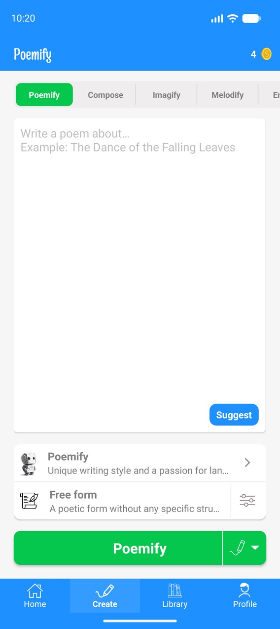 Poemify’s Create screen: a theme box with a Suggest button, the Poemify poet and Free form selected, and a green Poemify button.